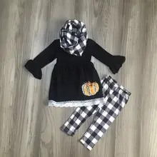 Детская одежда осень/зима, наряды Хэллоуин благодарения, одежда для маленьких девочек, 3 предмета, шарф, черные широкие шорты в клетку, хлопковые оборки