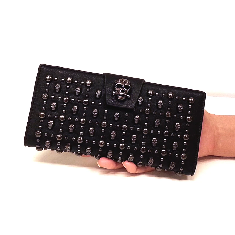 

2019 Skull Female Long Wallet Fashion Rivet Coin Purse Europe Hand Take Ladies Wallet for Mobile Phone Card Holder