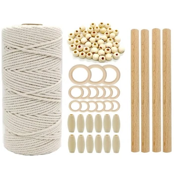 

Macrame Cord Natural Cotton Rope m with Wood Ring Wood Stick for Diy Teether Macrame Kit Wall Hanging Plant Hanger Set