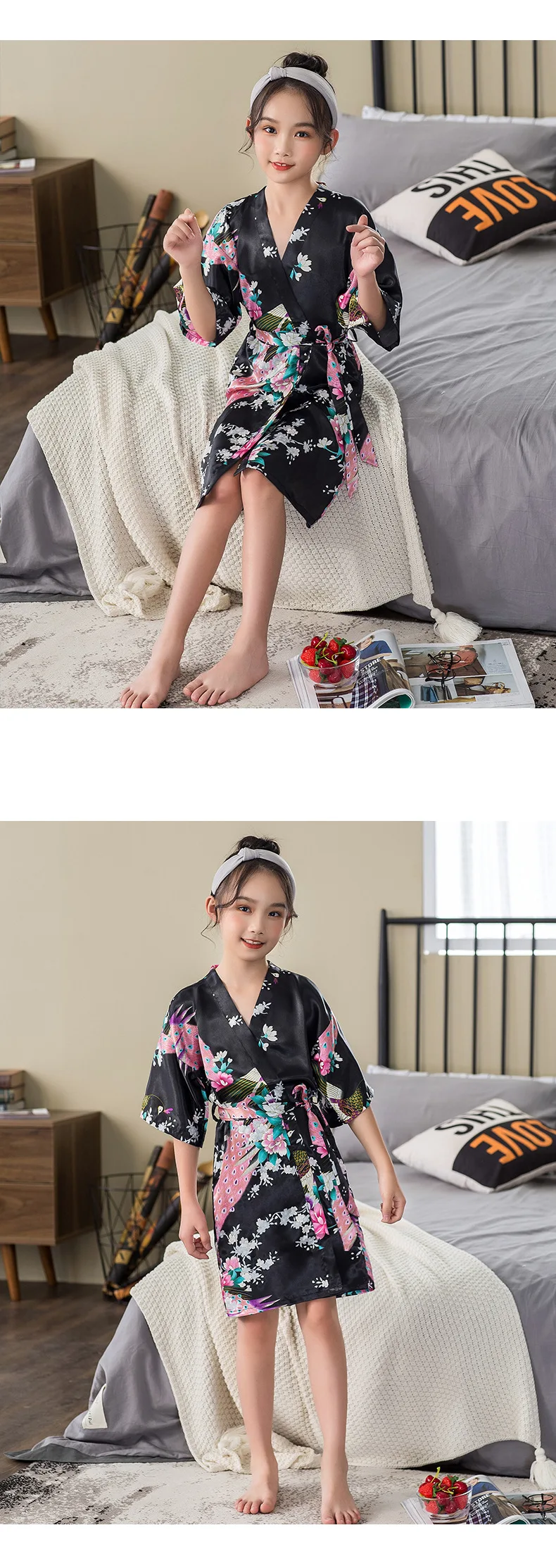 Yao ting Children Silk Pajamas Women's Summer Thin Section Cardigan Girls Printed Peacock Nightgown Tracksuit