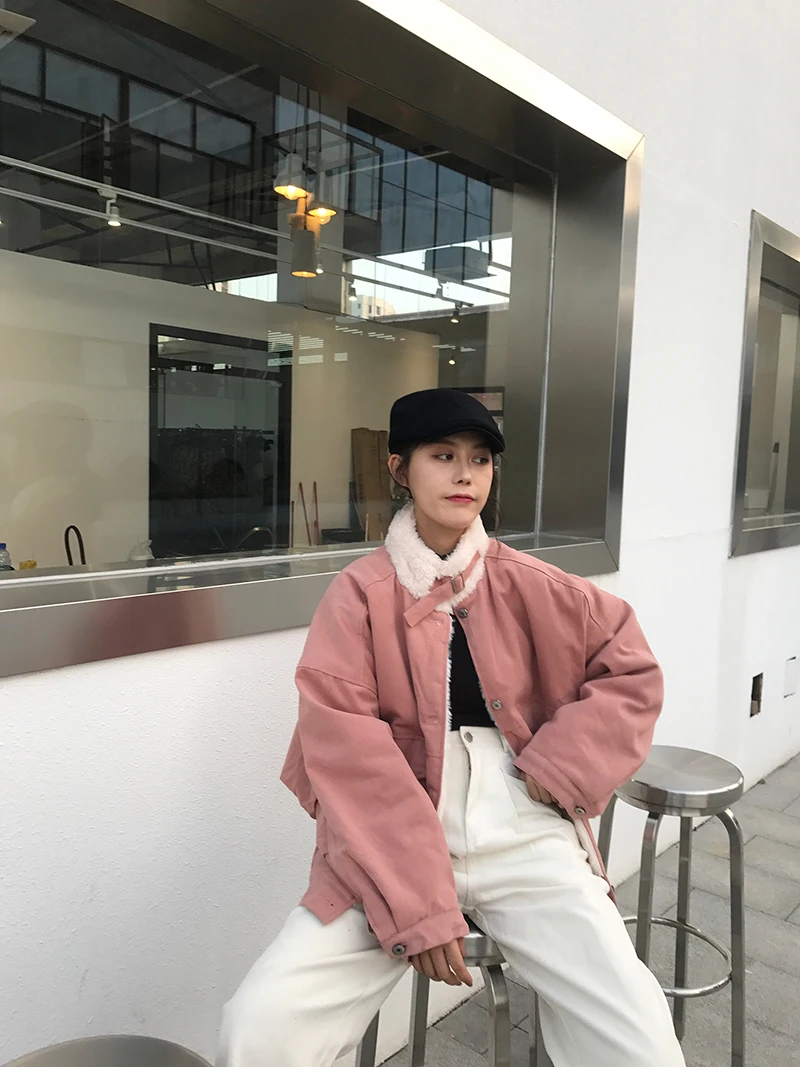 Для фотосессии красивое пушистое плотное Пальто Harajuku со стоячим воротником рабочая одежда с хлопковой подкладкой Женская 126155