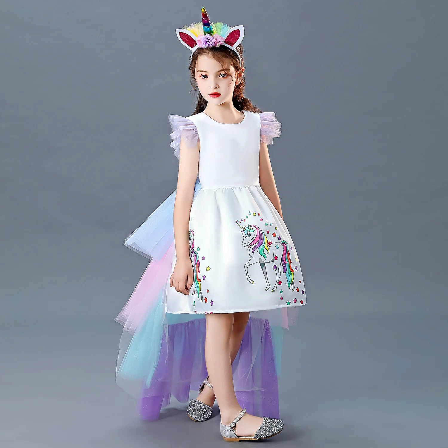 Unicorn Girls Trailing dress children's net yarn rainbow puffy yarn