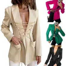 

Dropshipping Office Lady Blazer Solid Color Pockets Spring Autumn Turndown Collar Bandage Suits Jacket Coat Streetwear