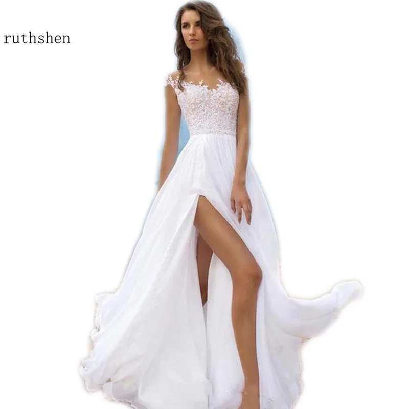Strand Trouwjurk 2019 Vestidos De Novia Sexy Slit Chiffon Boho Bruidsjurken Lace Vestido De Casamento met Kapmouwtjes