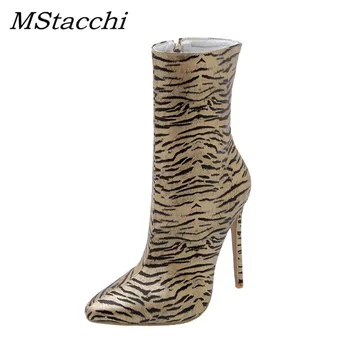 

MStacchi 2020 Fashion Women Mid-Calf Boots Women Side Zip Leopard Print Pointed Toe Hihg Heels Shoes Woman Winter Dress Boots