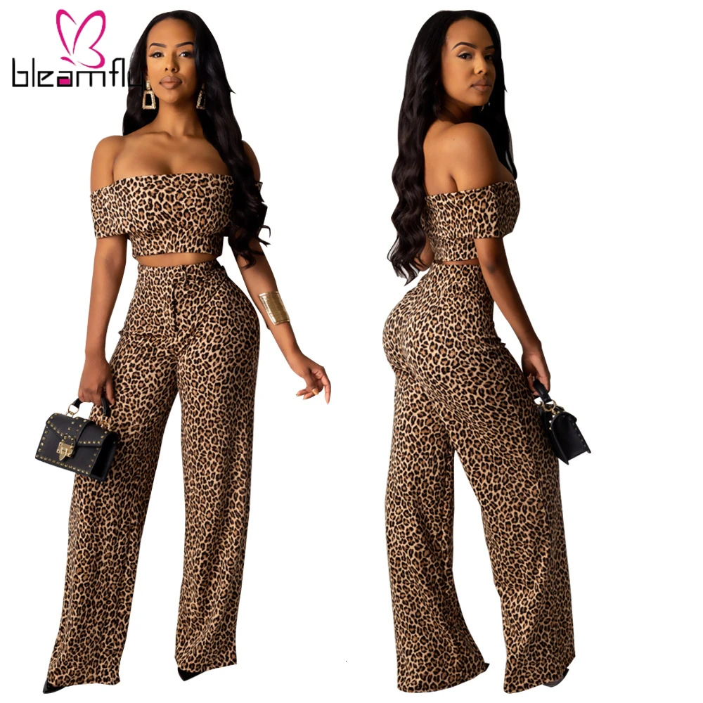 

2019 Autumn Summer Women Short Sleeve Slash Neck Crop Top Wide Leg Pants Suit Two Piece Set Sexy Party Tracksuit Sweatsuit N9154