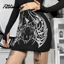 

Fitshinling Goth Bud Sexy Skirt Printed Vouge Dark Knitted Skirts Gothic Punk Cos Faldas Mini Streetwear Jupe Female Lace Slim