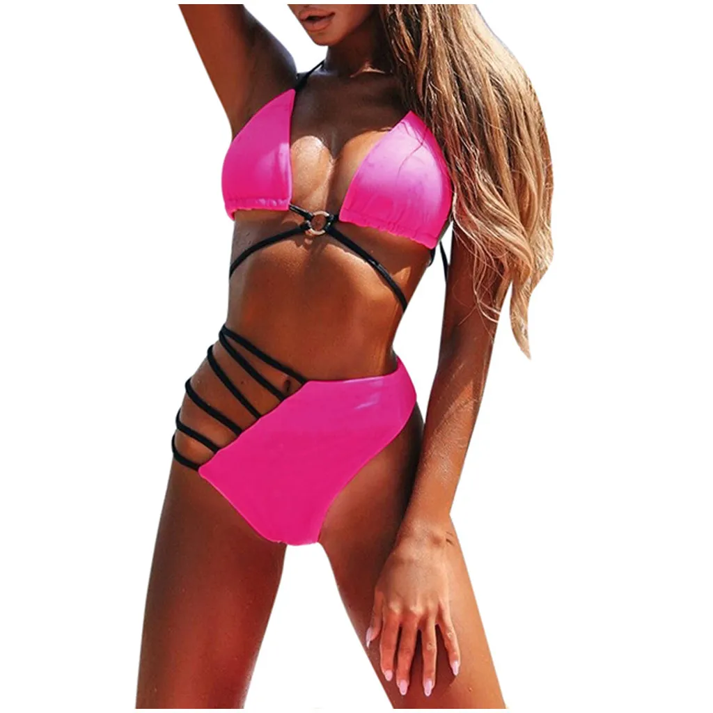 Hot Pink Бразильское бикини, бикини с микро-принтом, неоновый Купальник для женщин, купальный костюм с пуш-ап, женский купальный костюм на завязках#1128y25 - Цвет: Hot Pink