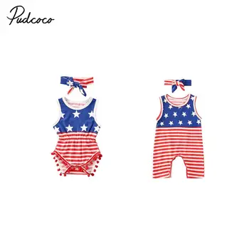 

Baby Girls 4th of July Outfits Ruffled Lace Romper American Flag Striped Bodysuit Jumpsuit with Headband Set