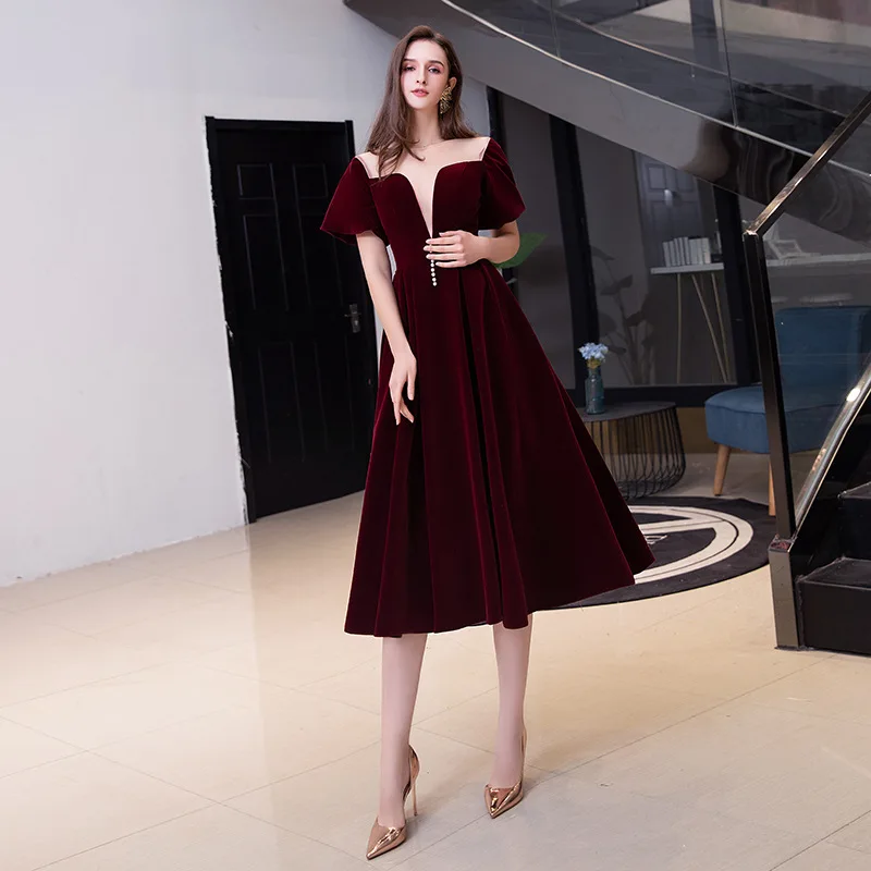 

Elegant Burgundy Velour A-Line Evening Dress Back Bandage Women Formal Gowns Robe De Soiree Cheongsam Size 3XL