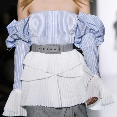 

women runway Off Shoulder Shirt Blouse Women long Sleeve Ruffled blue white Stripe Casual Loose Sexy Fashion