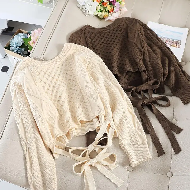 Autumn Fashion Short Sweaters Women V Neck Bandage Knitting Hemp