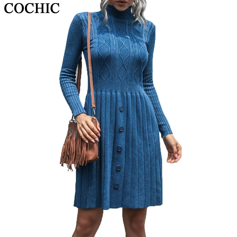 

Women Twist button Mid-tertleneck Knit Autumn Winter Warm Dress Solid Color Spring long Sleeve Knitwear Dresses