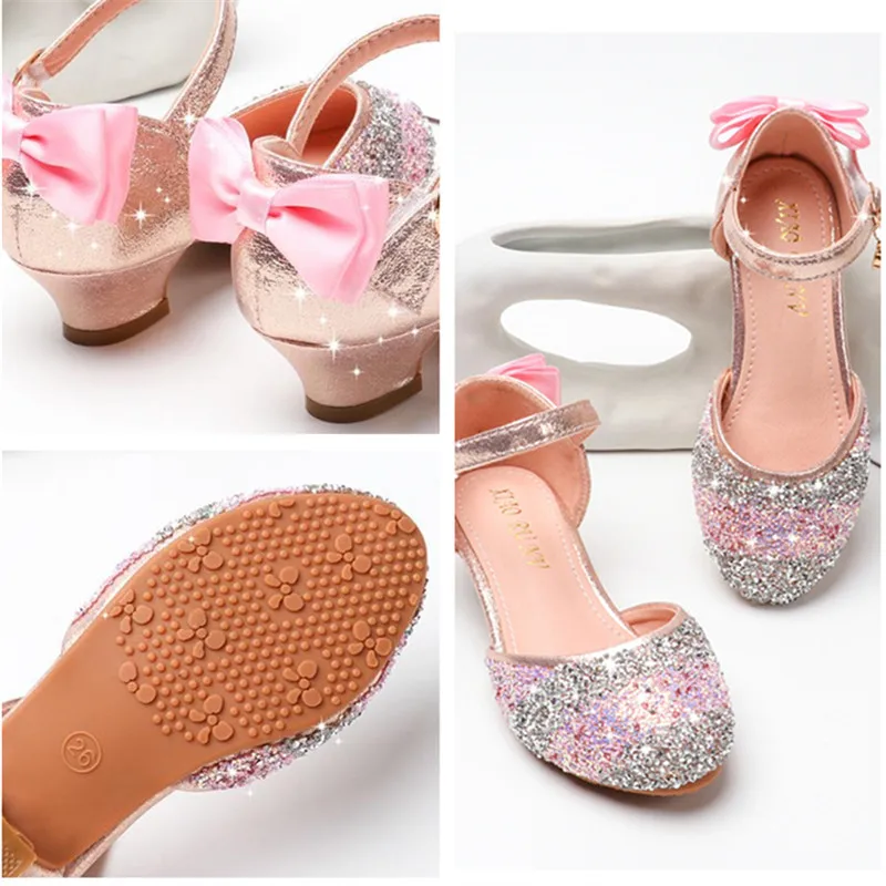 

Fashionable Middle-heeled Princess Shoes Summer Rhinestone Hollow Children's Sandals Sequins Stripes Primary School Dance Shoes