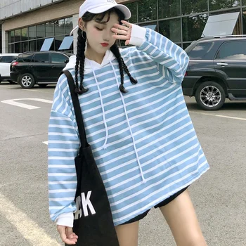 

Hoodies Women Pullovers Autumn Winter Korean Fashion Pullover Long Sleeve Striped Hooded Sweatshirt