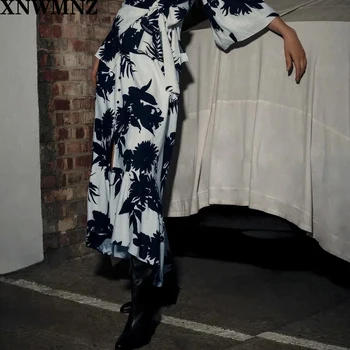 

XNWMNZ za Vintage Slim Printed Skirts Women Fashion Tie Belt Waist Skirt Women Elegant Ruffles Mid Calf Skirts Female Ladies