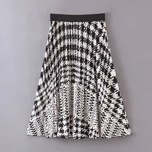 Женская винтажная Юбка-миди с рисунком «гусиные лапки», плиссированные юбки с эластичной резинкой на талии, элегантная женская повседневная одежда, Юбки До Колена