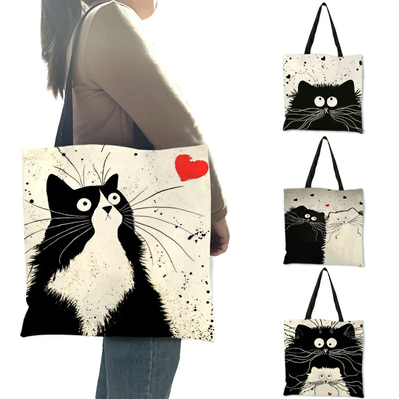 Customized Cute Cat Printing Women Handbag Linen Tote Bags with Print Logo Casual Traveling Beach Bags