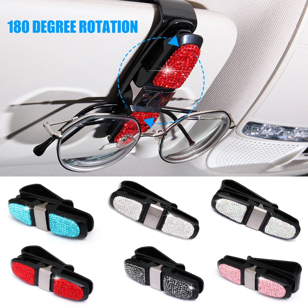 

Automotive Interior Sunglasses Holder Clip Diamond Rhinestone Shining 180 Degree Rotation Glasses Holder for Car