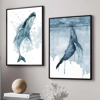 

Watercolor Whale Animal Wall Art Poster Abstract Blue Ocean Landscape Canvas Painting Pictures Nordic Living Room Home Decor