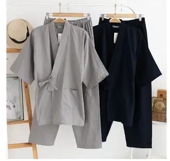 

1set/lot Men Traditional Japanese Pajamas Set Cotton linen top and Pants Japanese Style Soft Sleepwear kimono