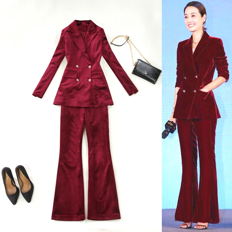 bell bottom wine red thick velvet suit 