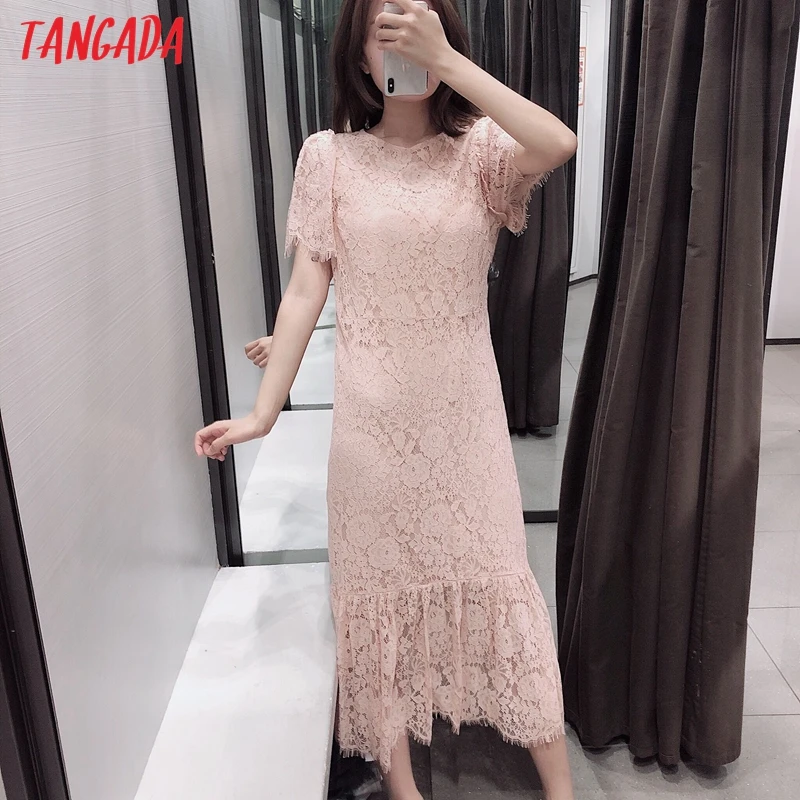 Tangada женское розовое кружевное платье с коротким рукавом и круглым вырезом Новое поступление винтажное дамы миди платье vestidos 3H27