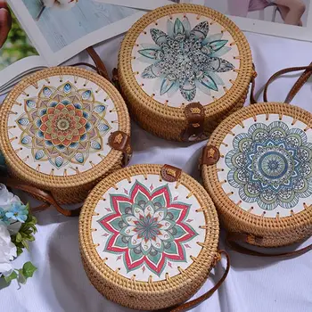 

Chinese Style Storage Bags Women Rattan Crossbody Bags Flower Print Circular Messenger Home Organizations