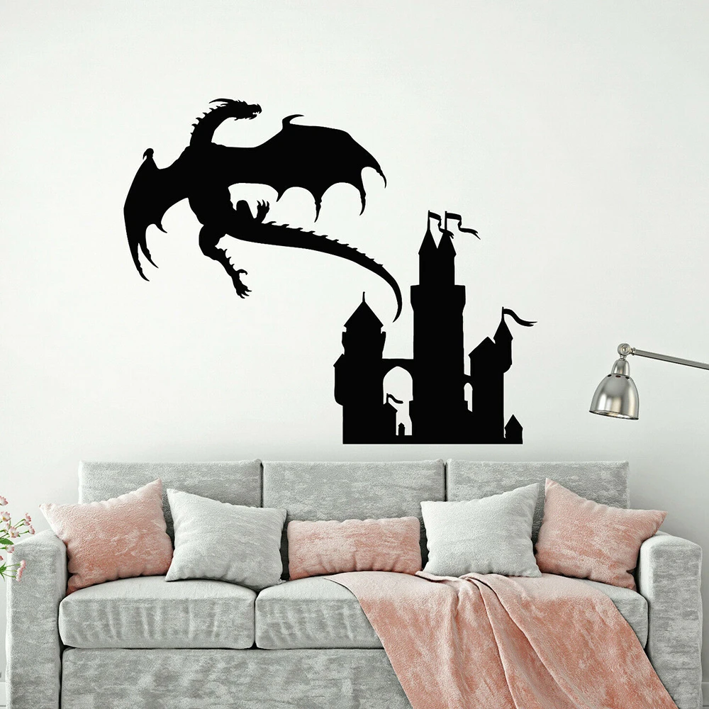 kid/'s room living room playroom more K636 Girl holding on to a flying Dragon over a Fairytale Castle Vinyl Wall Decal for nursery