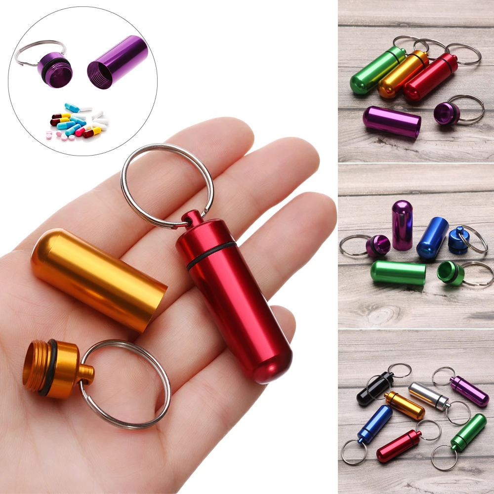 

1PC Portable Colorful Aluminum Capsule Pill Case Waterproof Container Keychain key Ornaments Outdoor Travel Mini Medicine Box