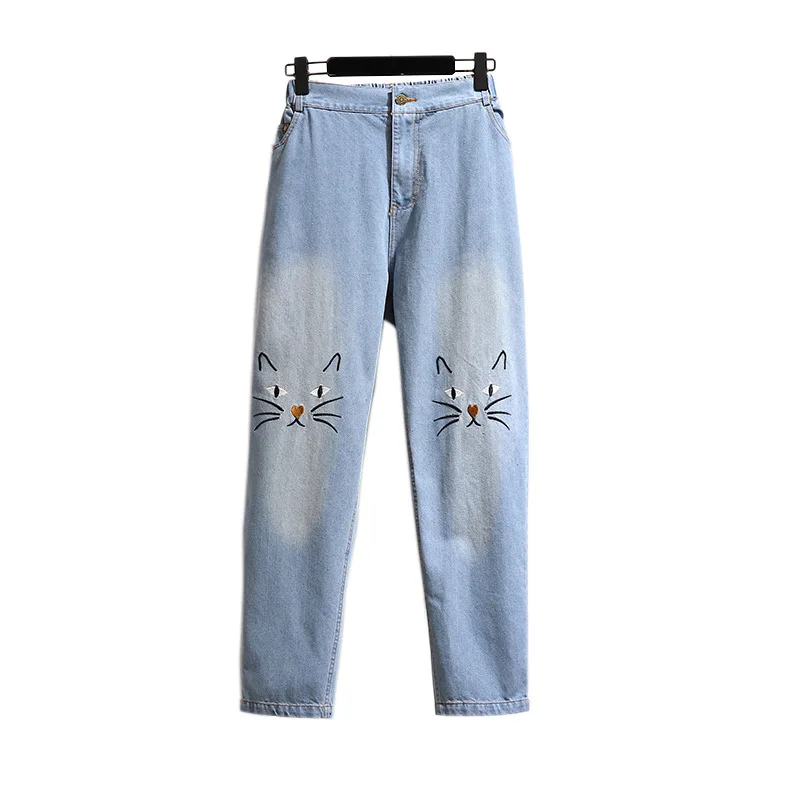 

Cartoon Jeggings Jeans for Women Large Size Flexible Waist Loose 2019 Early Autumn Slim Jeans Embroidered Cat Straight Pants