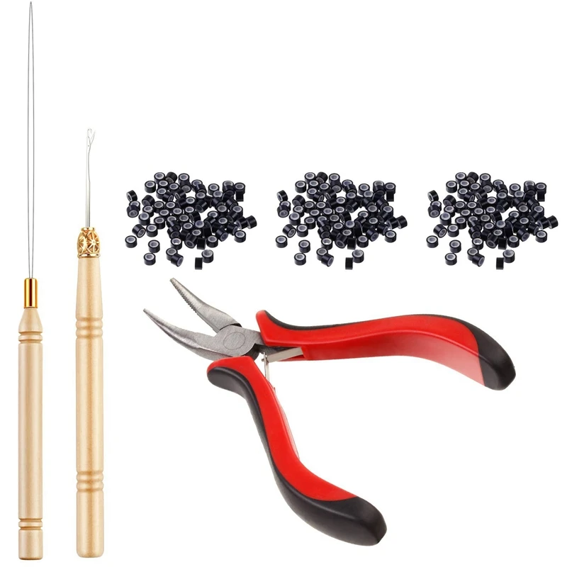 Hair Extension Kit Pliers Pulling Hook Bead Device Tool Kits and 1500 Pieces Silicone Lined Micro-Rings(Black Beads