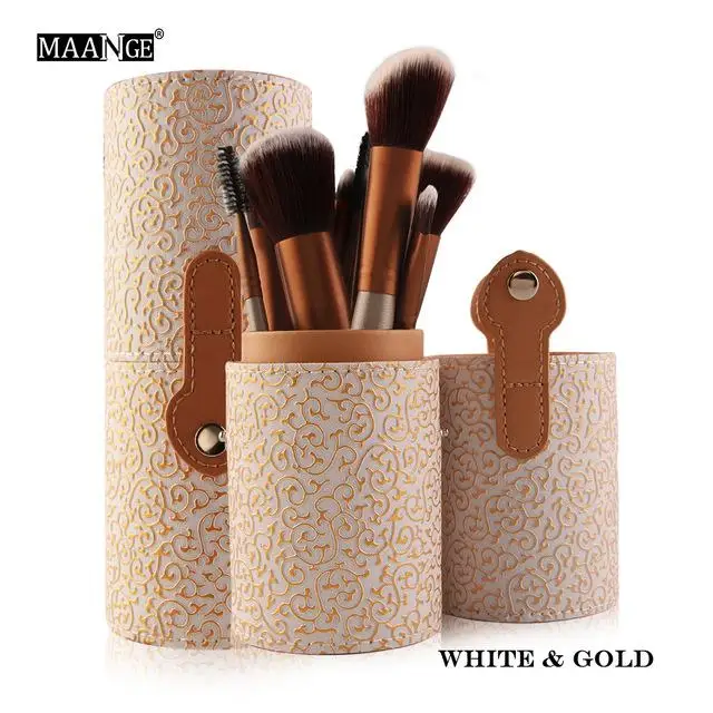 White gold 12 шт., набор профессиональных косметических кистей для макияжа Beatuy power, кисти для макияжа, набор инструментов, держатель, чехол, чашка, подарок - Handle Color: White gold