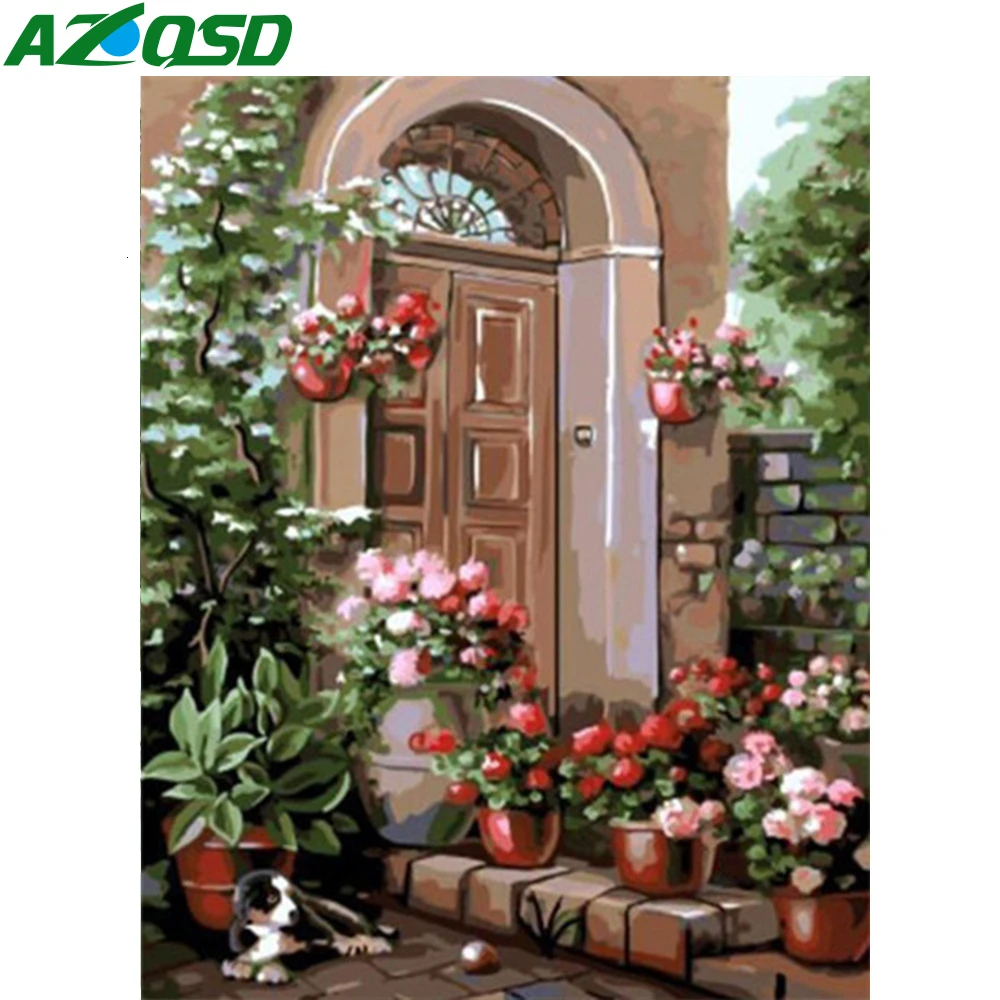 AZQSD Oil Painting By Numbers Door DIY Unframe Acrylic Paint Decor For Home Coloring Landscape Unique Gift Kits | Дом и сад