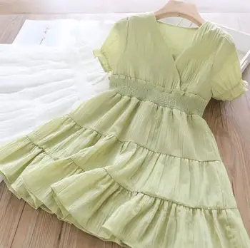 

2020 Summer Baby Girls V-collar Pleats Dress, Princess Kids Sweet Clothing 5 pieces/lot