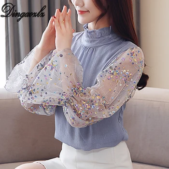 

Dingaozlz 2020 Spring Women Long Sleeve New Korean fashion Chiffon Blouse Shirt Lantern Sleeve Casual Tops Blusa