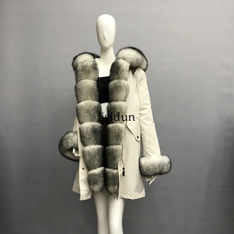LISIDUN настоящая меховая Парка женская зимняя куртка натуральный Серебряный лисий мех пальто с капюшоном настоящая подкладка из кроличьего меха куртка женская шуба