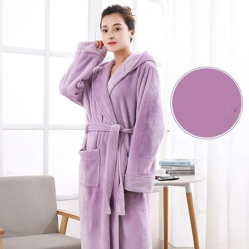 Light Purple Удлиненный теплый Халат с капюшоном для женщин, большие размеры, зимний утепленный банный халат, халат для подружки невесты - Цвет: Light Purple