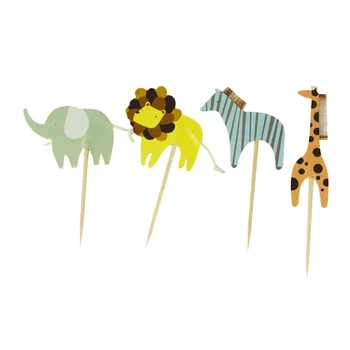 

24pcs/pack Animals Zoo Cupcake Topper For Kids Happy Birthday Elephant lion giraffe zebra Cake Topper Party Decor Supplies