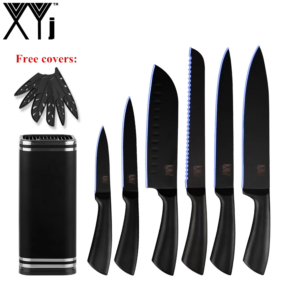 E.7PCS SET XYj 7 шт. кухонные ножи из нержавеющей стали набор инструментов черный изгиб Полный Тан ручка шеф-повара нож 8 ''держатель для ножей Кухня аксессуар - Color: E.7PCS SET
