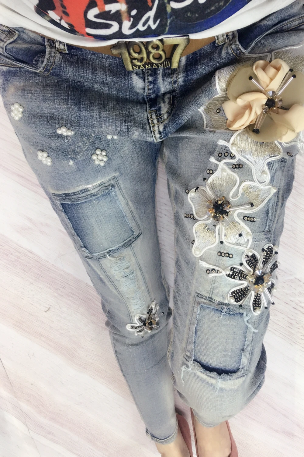 New Flower Cowboy Vest+ Stretch Pants 2 Pieces Jean And Jacket Casual Womens 2Pieces Sets Vintage Tracksuits