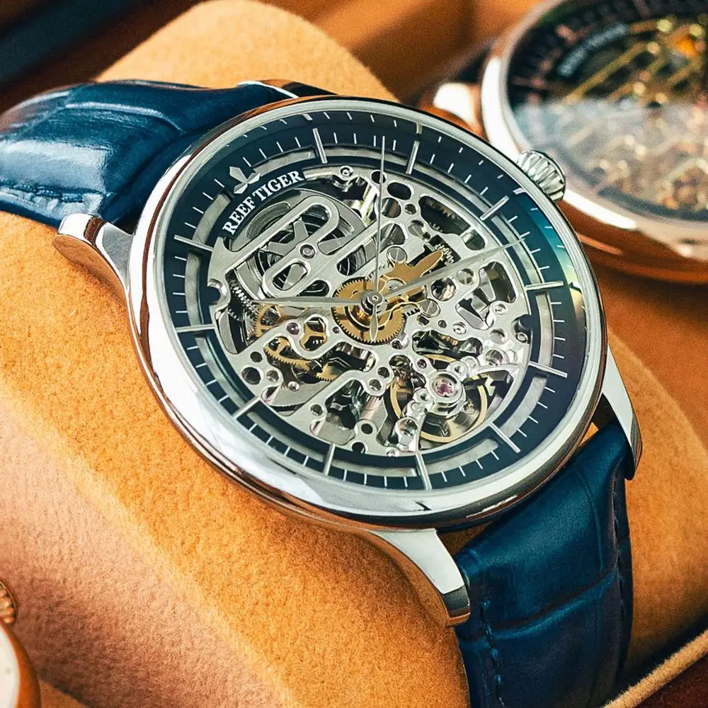 Мужские часы скелетоны на кожаном ремешке с автоматическим ремешком|tiger design|watch