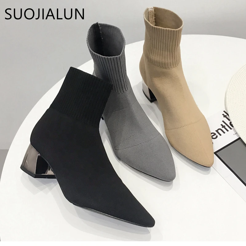 

SUOJIALUN Fashion Ankle Elastic Sock Boots Med Heel Slip On Pointed Toe Stretch Ankle Boots Women Sexy Boot Elegant Women Pump