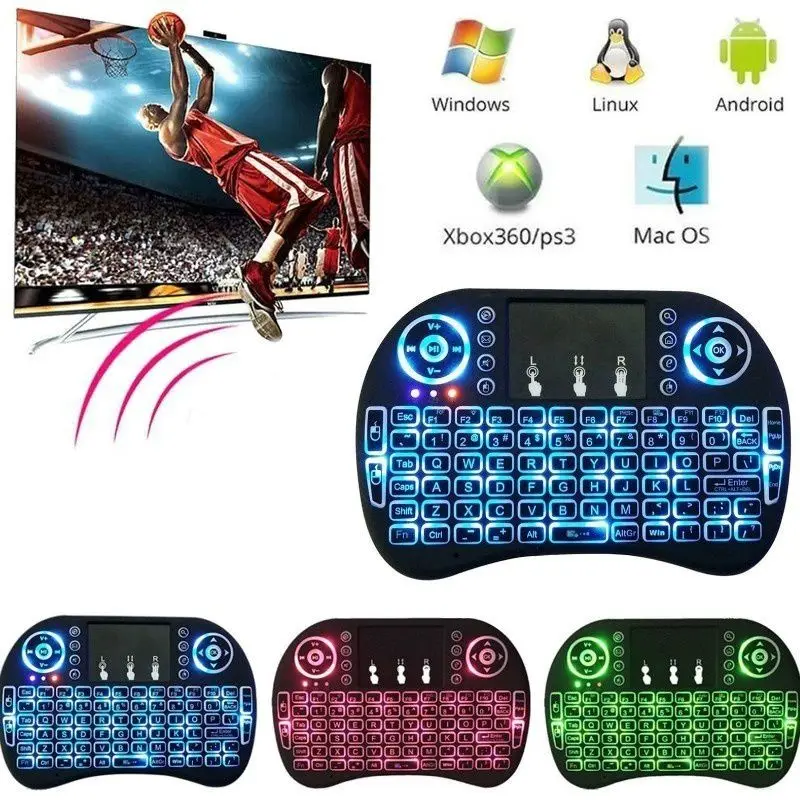 I8 Мини беспроводная клавиатура, 7 цветов, клавиатура с подсветкой, 2,4 ГГц, английский, 3 цвета, воздушная мышь для компьютера, Smart tv, веб-плеер для X-BOX