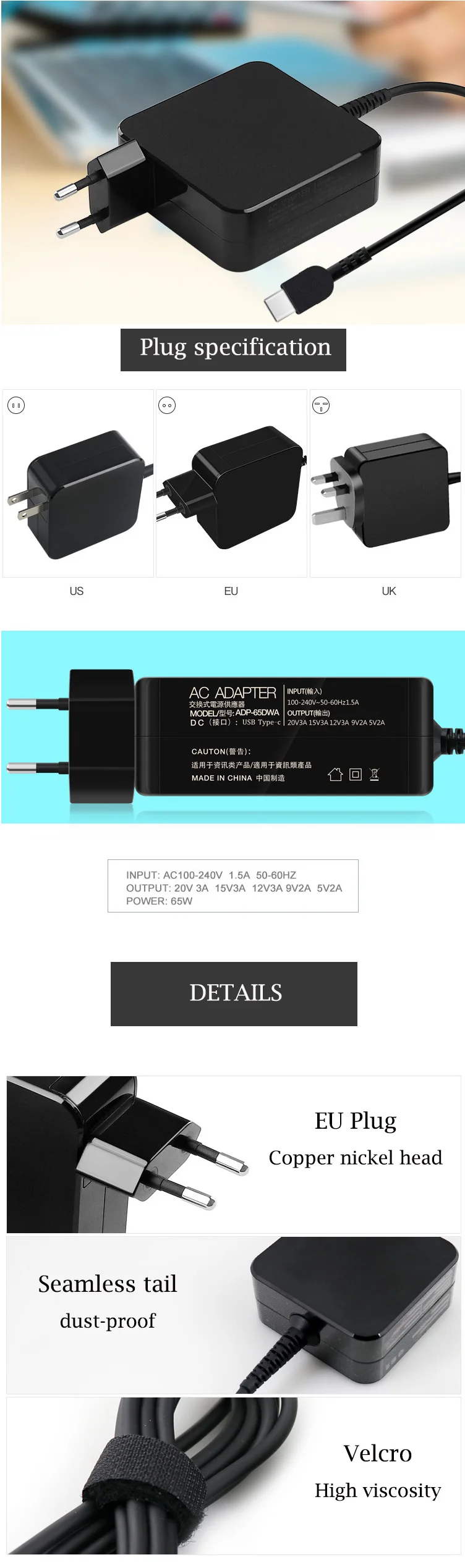 ЕС/США/Великобритания Plug 65 Вт 20 в 3A type-c PD быстрое зарядное устройство USB C питания ноутбука адаптер питания для DELL