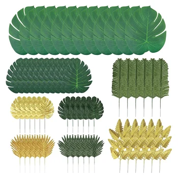 

60Pcs Artificial Palm Leaves Faux Monstera Leaves Stems Tropical Plant Leaves for Wedding Theme Party Balloon Arch