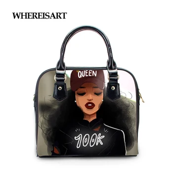 

WHEREISART PU Leather Handbags Black Girls Magic African Shoulder Bag Ladies Large Handbag for Females Top-Handle Bag