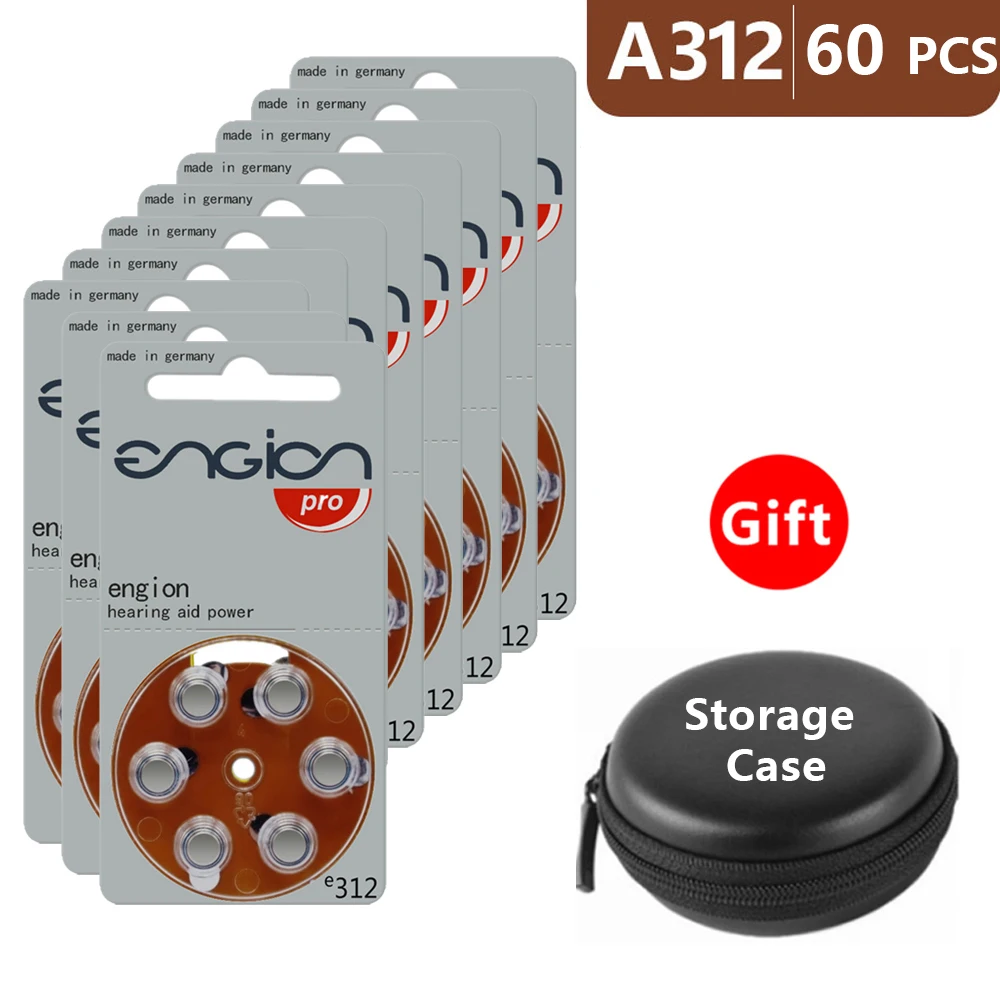 

Hearing Aid Batteries Size 312 za Engion Pro,Pack of 60,Brown Tab PR41 1.45V Type e312 Zinc Air Battery Amplifier with Case
