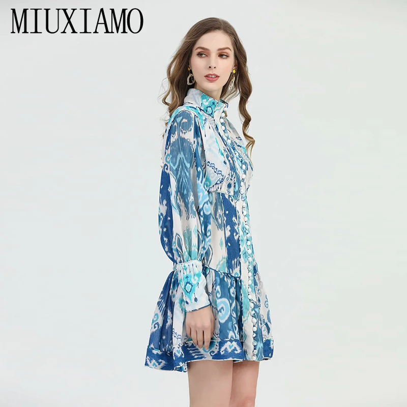 MIUXIMAO, высокое качество,, подиум, дизайнерское, весеннее платье, синий и белый фарфор, с принтом, элегантное, Повседневное платье для женщин, vestidos