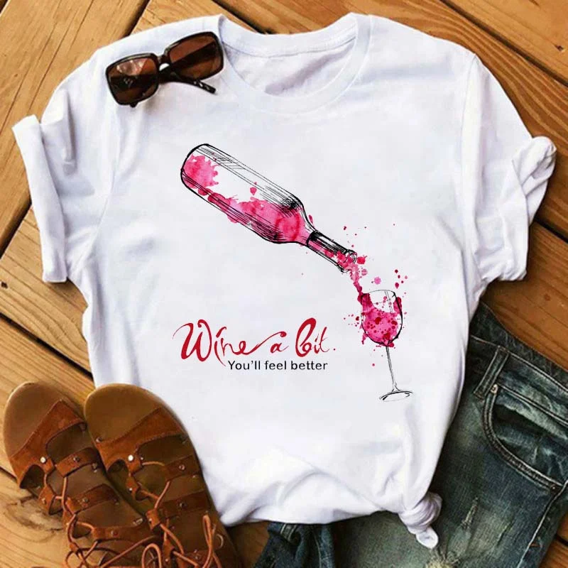 Maycaur T-Shirt Women Rose Gold Wine Glasses Print White and Black T-Shirt Summer Casual Loose Plus Size T Shirt Female Tops Tee cute summer crop tops